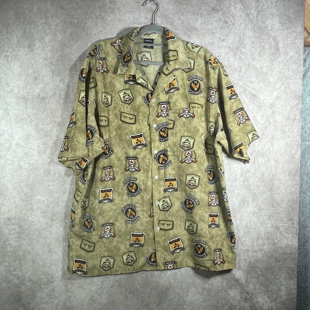 Avirex Shirt Mens Size‎ XL Beige Logo AOP Button Up Y2K Hip Hop Streetwear 90s